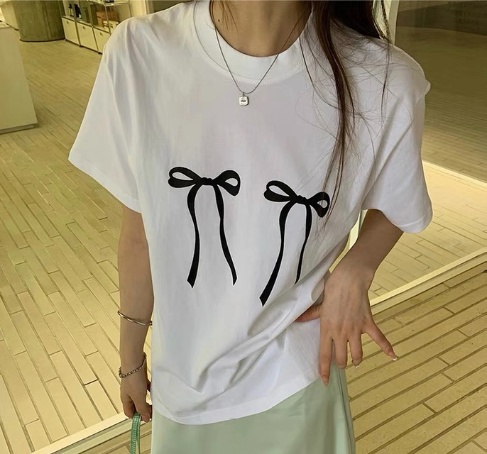 新款減齡蝴蝶結印花簡約韓系百搭休閒寬鬆純棉短袖T恤女