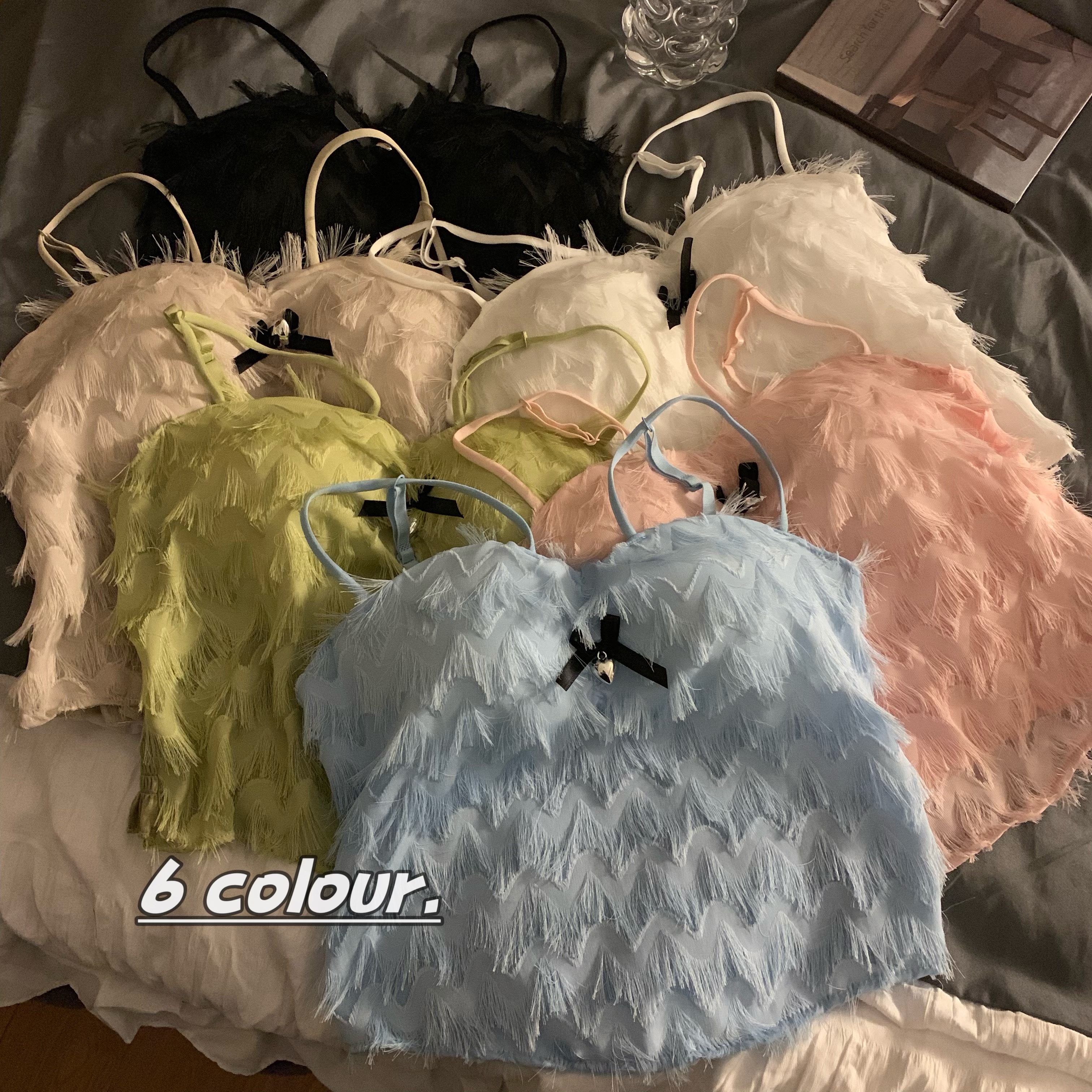 實拍 春夏愛心立體流蘇吊帶背心女帶胸墊內搭打底短款上衣女