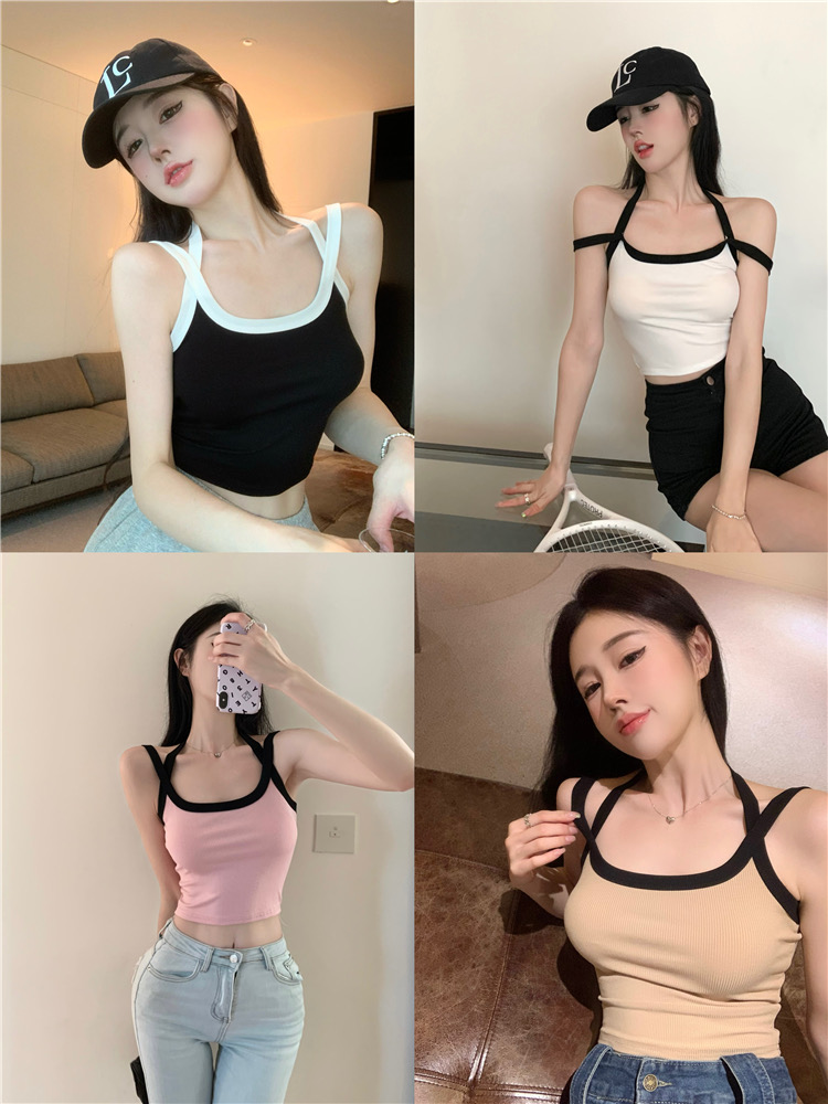 韓版辣妹交叉掛脖帶胸墊背心小吊帶