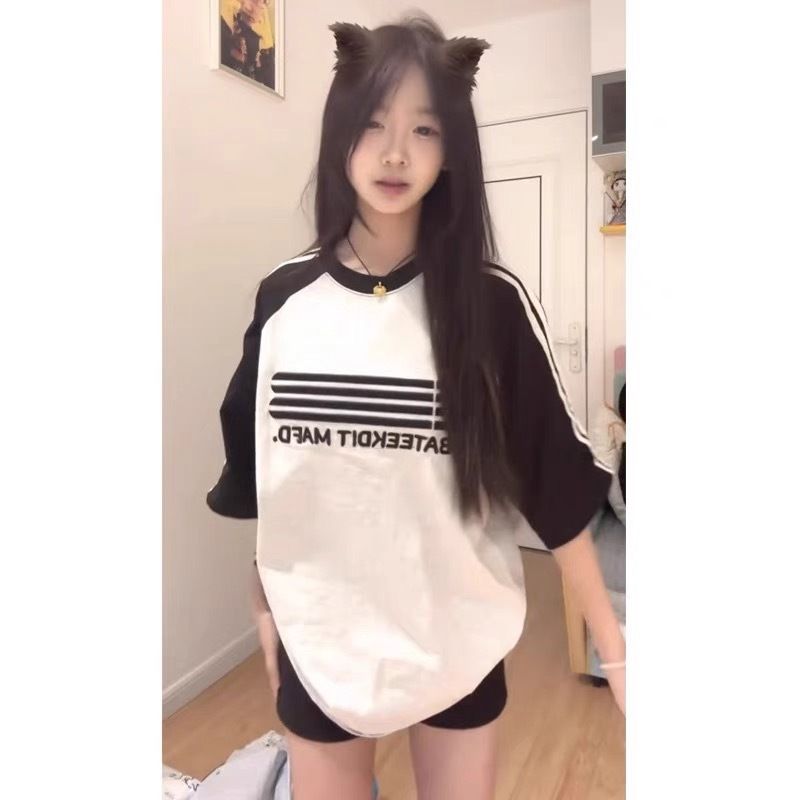 美式復古撞色拼接三條槓短袖t恤女夏季寬鬆oversize高級感上衣潮