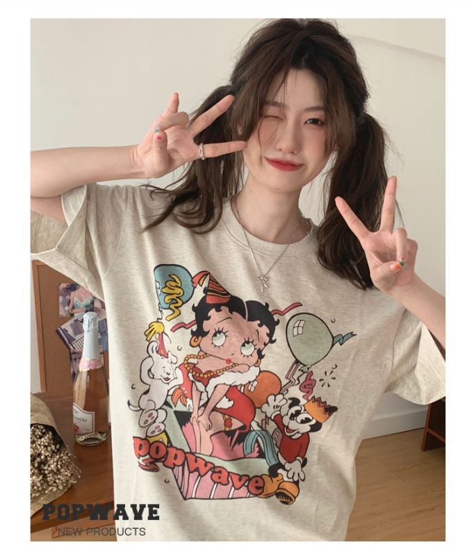 美式復古卡通貝蒂女郎燕麥色純棉短袖T恤女夏季chic港味甜酷上衣