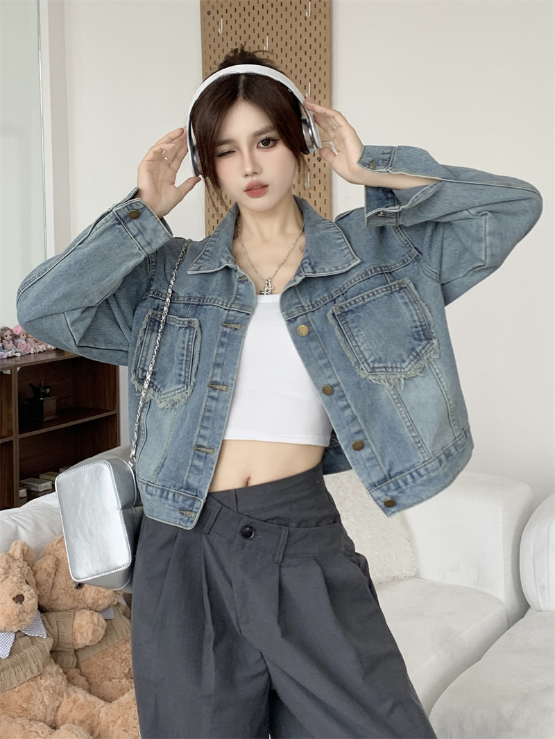 Real shot ~ 2024 Spring and Autumn Raw Edge Loose Denim Short Jacket Women's Versatile Denim Clothes Hong Kong Style Jacket Top