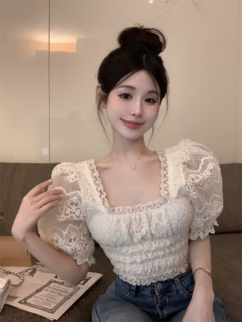 Real shot~Sweet retro lace square collar top for women, two-piece crochet puff sleeves, gentle short top