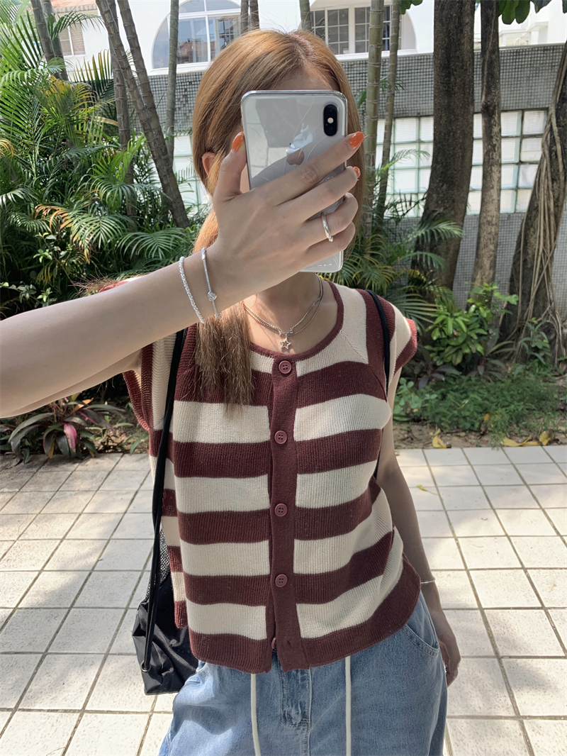 實拍 小飛袖針織衫夏季薄款韓系通勤百搭條紋背心短袖T恤上衣