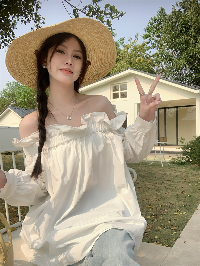 Actual shot ~ 2024 summer Korean style loose, versatile, sweet and age-reducing straight shoulder long-sleeved shirt