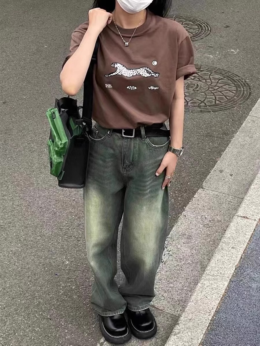 大碼美式復古牛仔褲女春秋新款胖mm寬鬆顯瘦高腰直筒闊腿拖地褲子