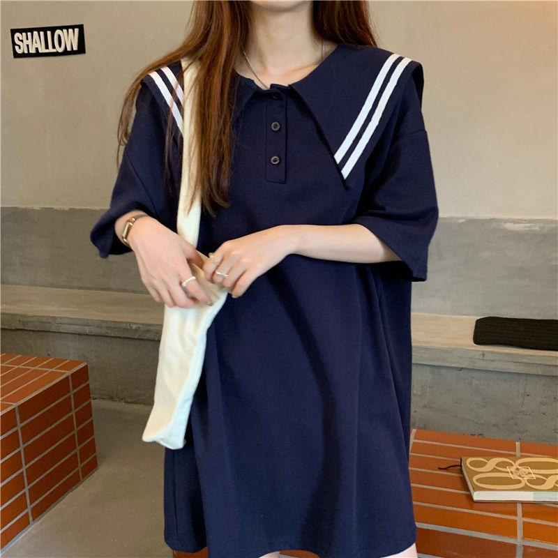 夏學院風2024新款海軍領顯瘦減齡炸街可甜可鹽短袖連衣裙子女學生