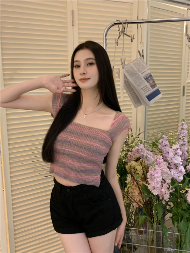 Real shot of striped knitted sweater short-sleeved women's summer new square neck hottie strap slim fit navel-baring short top