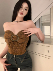 實拍夏季性感歐美辣妹復古露臍顯瘦外穿抹胸上衣女