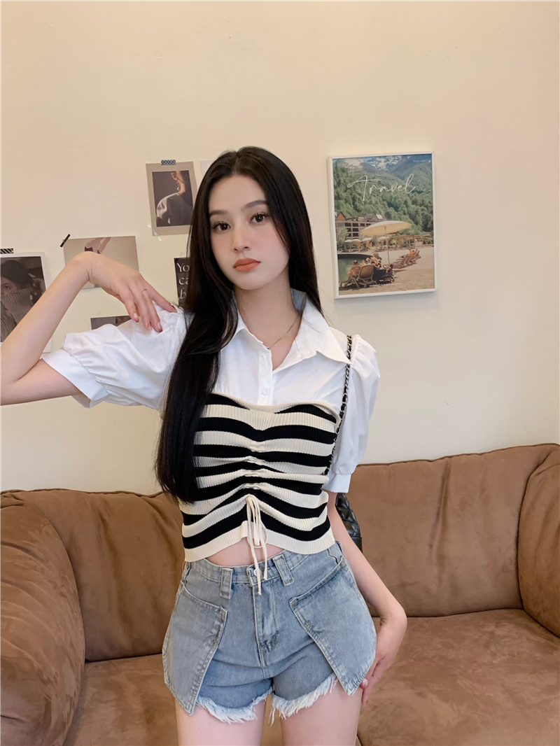 Real shot Polo collar patchwork striped shirt women's short-sleeved drawstring knitted top