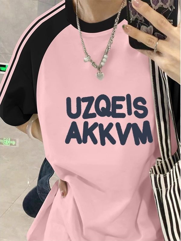 粉色撞色插肩三條槓短袖t恤女夏季新款設計感小眾多巴胺穿搭上衣