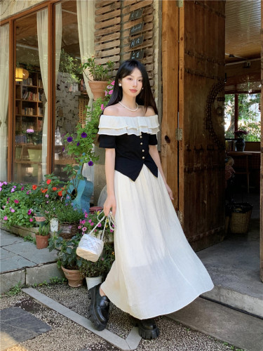 Actual shot of French ruffled one-shoulder contrasting color patchwork top + high-waist slimming skirt two-piece set for women