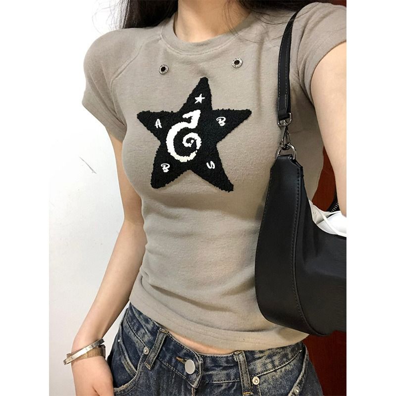 毛巾繡40支92棉8氨綸質量別致辣妹星星正肩t恤女