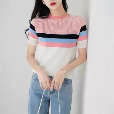 短袖t恤女條紋上衣夏裝2024年夏季女裝新款寬鬆t桖薄款冰絲針織衫