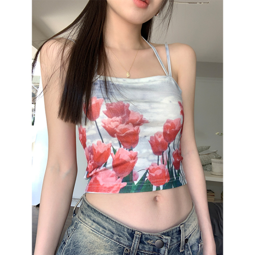 Real shot of summer bunny rose tube top for women with niche design lace-up hot girl suspender top