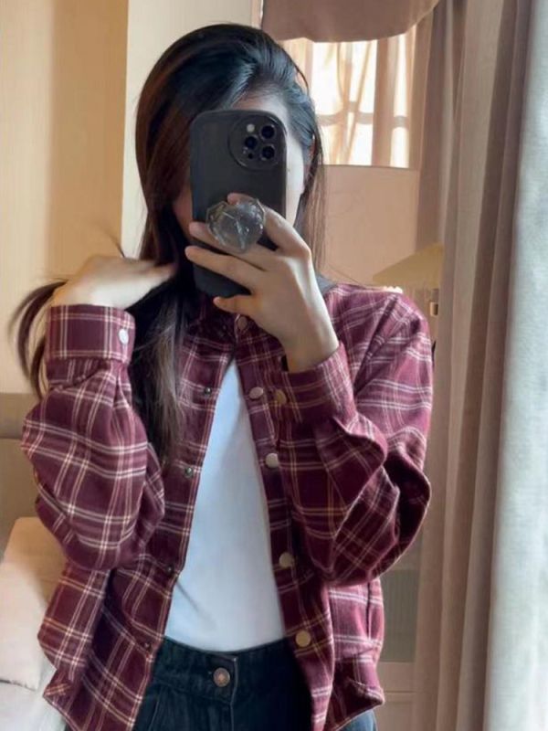 法式格子襯衫外套女春秋2024早春新款短款襯衣設計感小眾長袖上衣