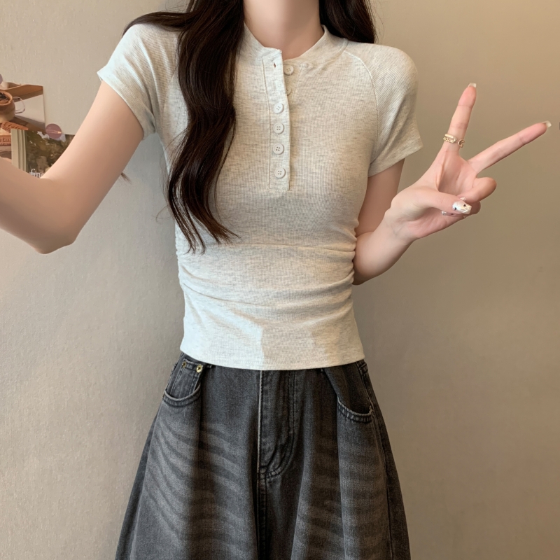 實拍  40支純棉 2024夏裝美式辣妹風半扣領短款短袖T恤