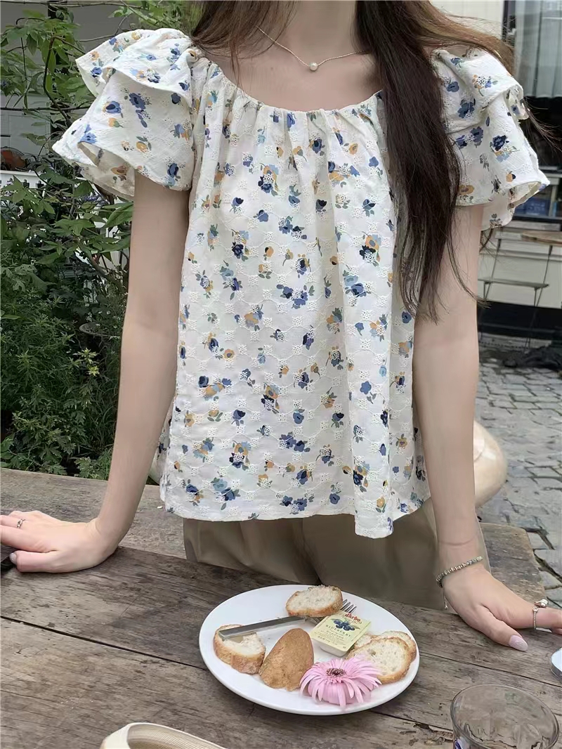 甜美碎花刺繡層次飛飛短袖襯衫女夏季薄款遮肉顯瘦娃娃小衫上衣仙