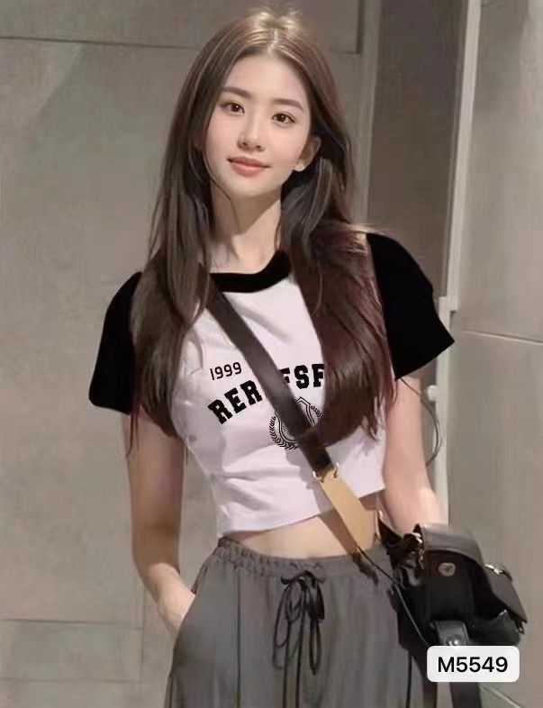2024夏季新款設計感甜酷辣妹拼色插肩袖字母印花短袖上衣女