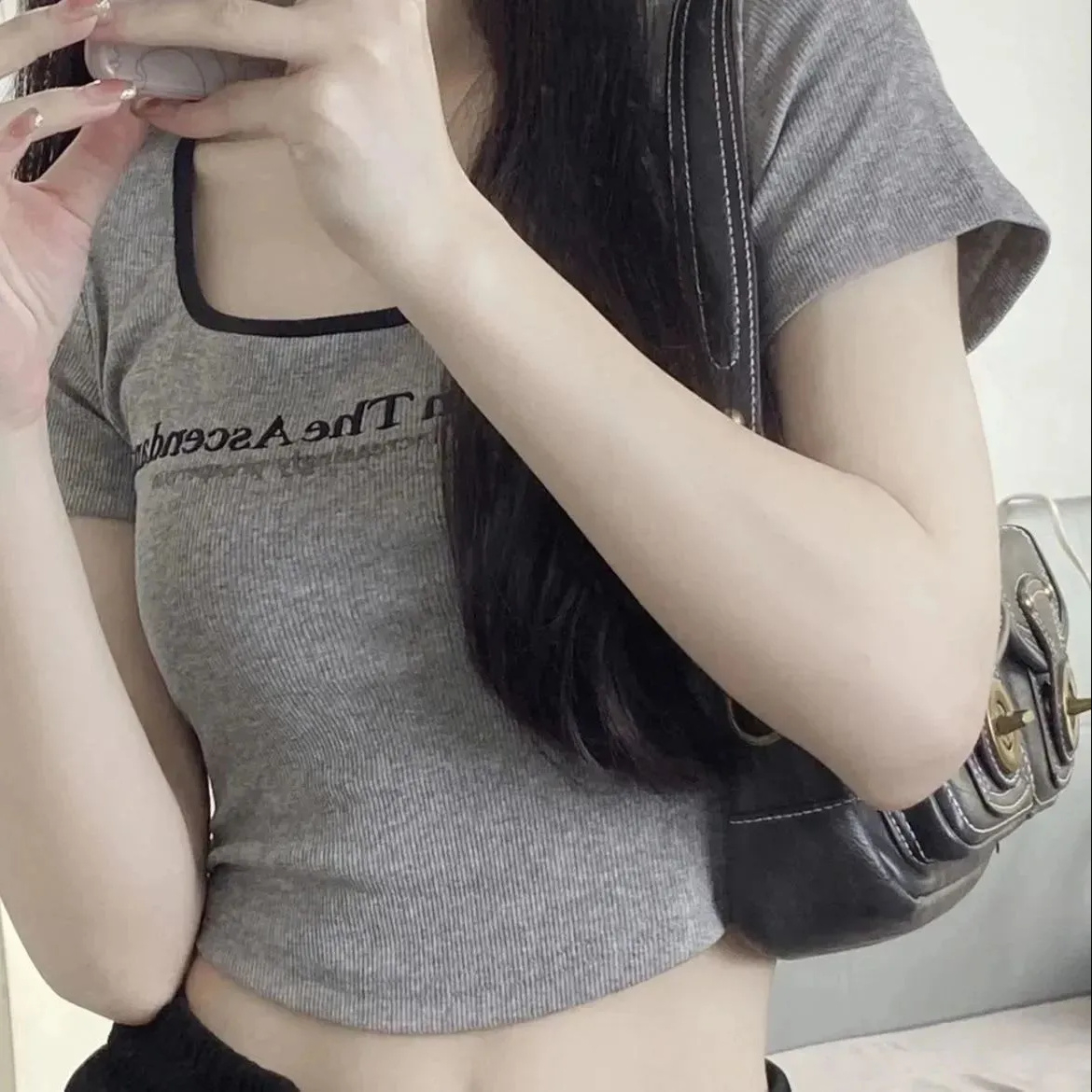 羅紋 緊身甜辣灰色方領T恤女裝夏季辣妹修身顯瘦