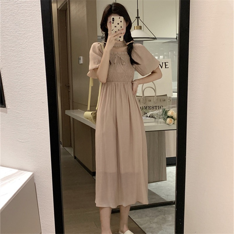 茶歇法式初戀桔梗復古溫柔風氣質高級感泡泡袖粉色連衣裙子女夏季