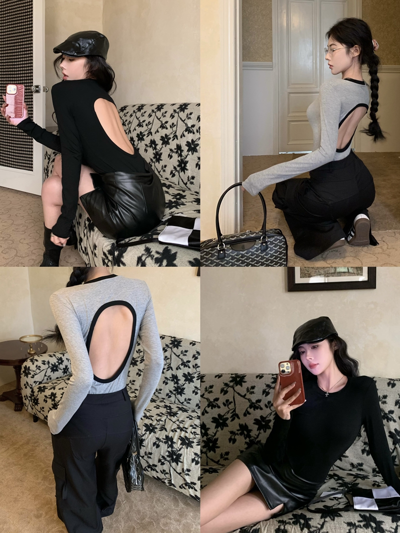實拍春歐美性感辣妹風莫代爾露背連體打底上衣女修身顯瘦T恤