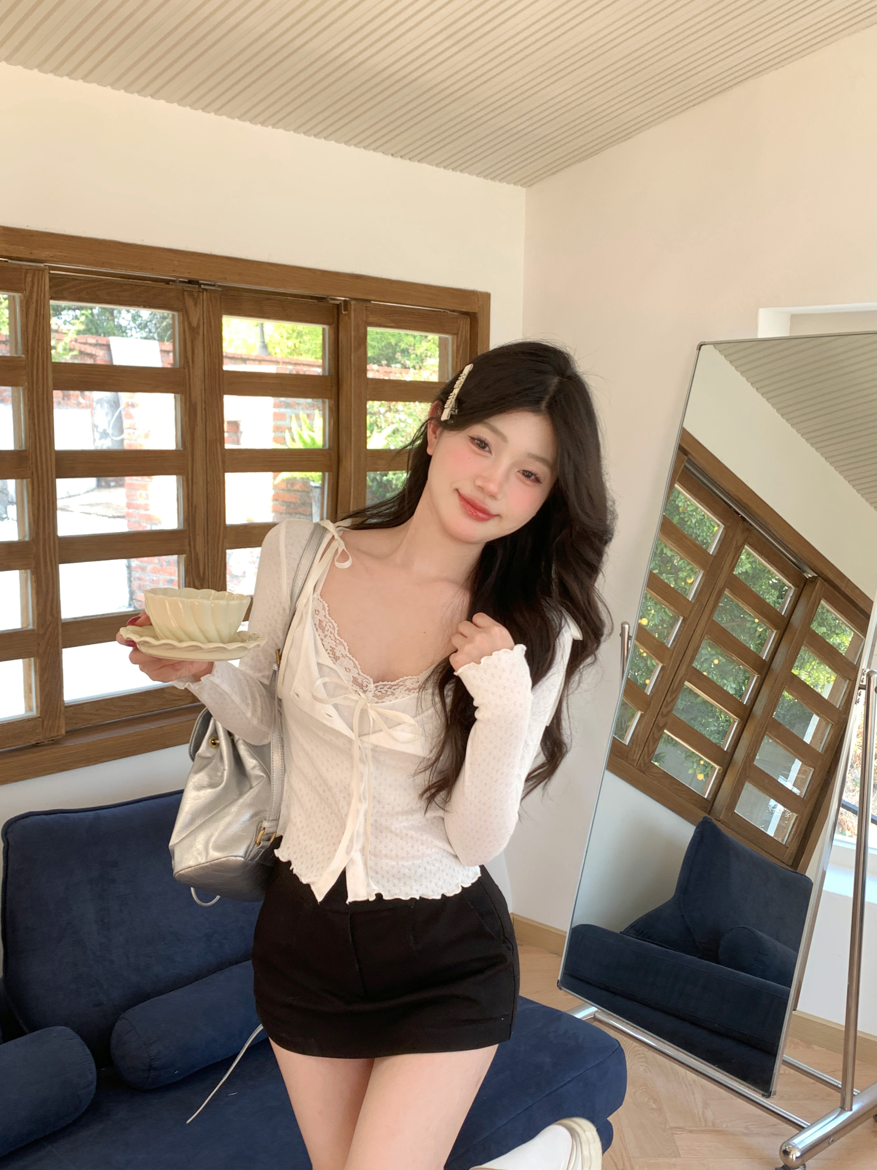 實拍~ 純欲少女蕾絲花邊蝴蝶結吊帶背心+百搭開衫外套兩件套