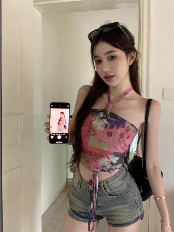 實拍 熱辣多巴胺 度假風掛脖吊帶女夏彈力網紗撞色印花綁帶背心