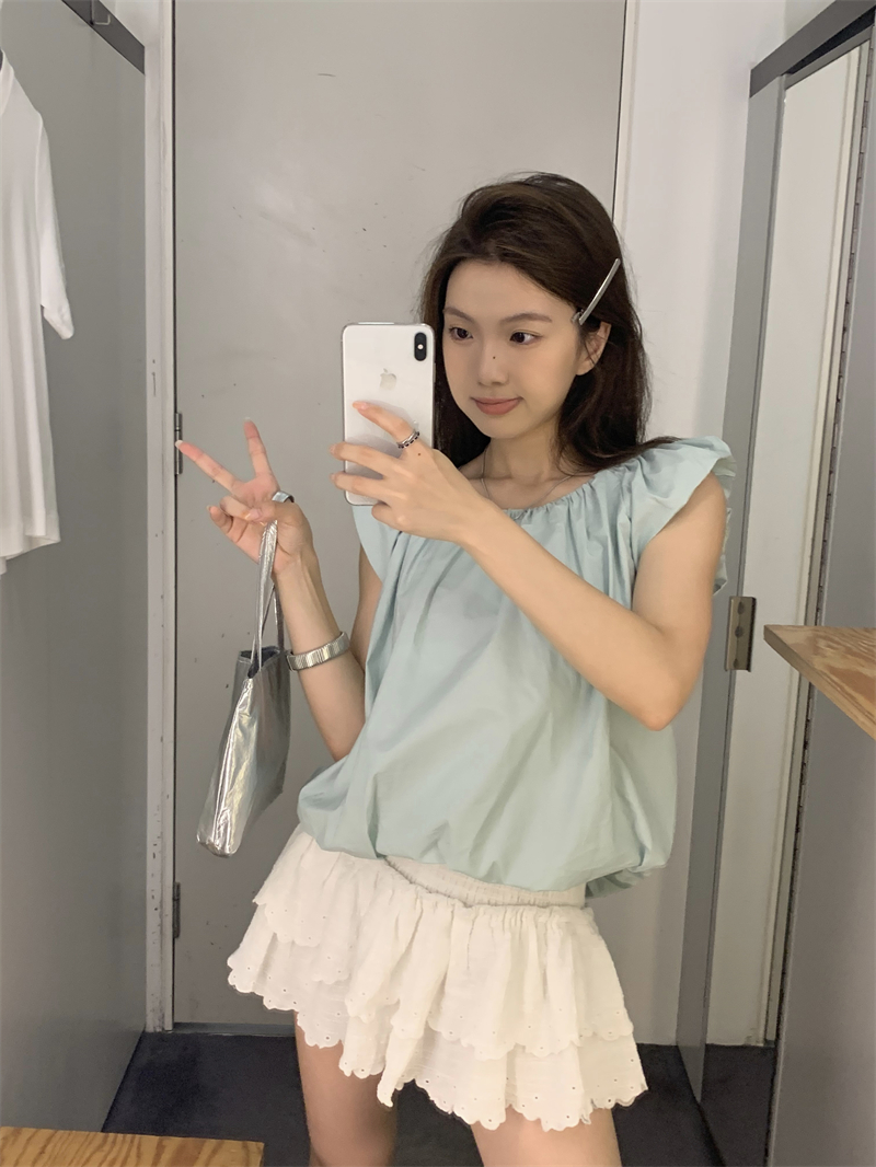 實拍 小飛袖系帶襯衫女夏季新款上衣小個子短款小衫