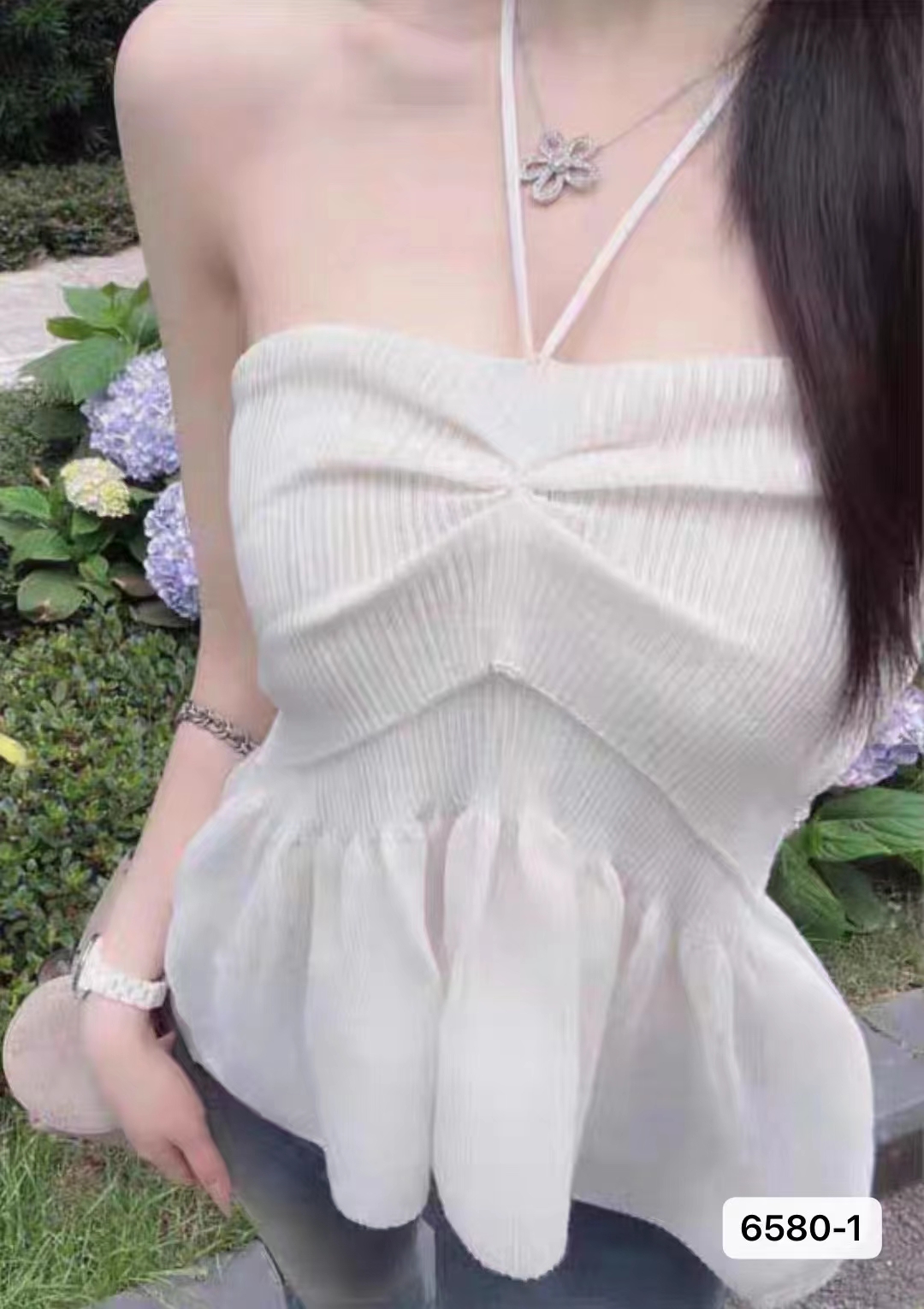 2024夏季新款設計感甜美一字肩褶皺裙擺抹胸上衣裙