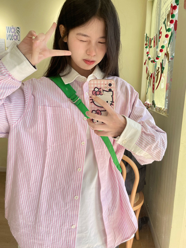 日系粉色條紋襯衫女春秋裝2024新款設計感拼接襯衣寬鬆休閒上衣夏