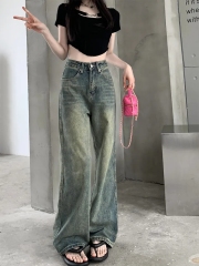 Antique Retro Extended Wide Leg Jeans for Women - Spring and Autumn New Washed High-Waisted Straight Leg Loose Disguising Floor-Length Pants