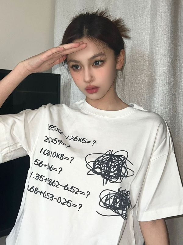 趣味數字印花白色短袖T恤女春夏純棉寬鬆慵懶風中長款小個子上衣