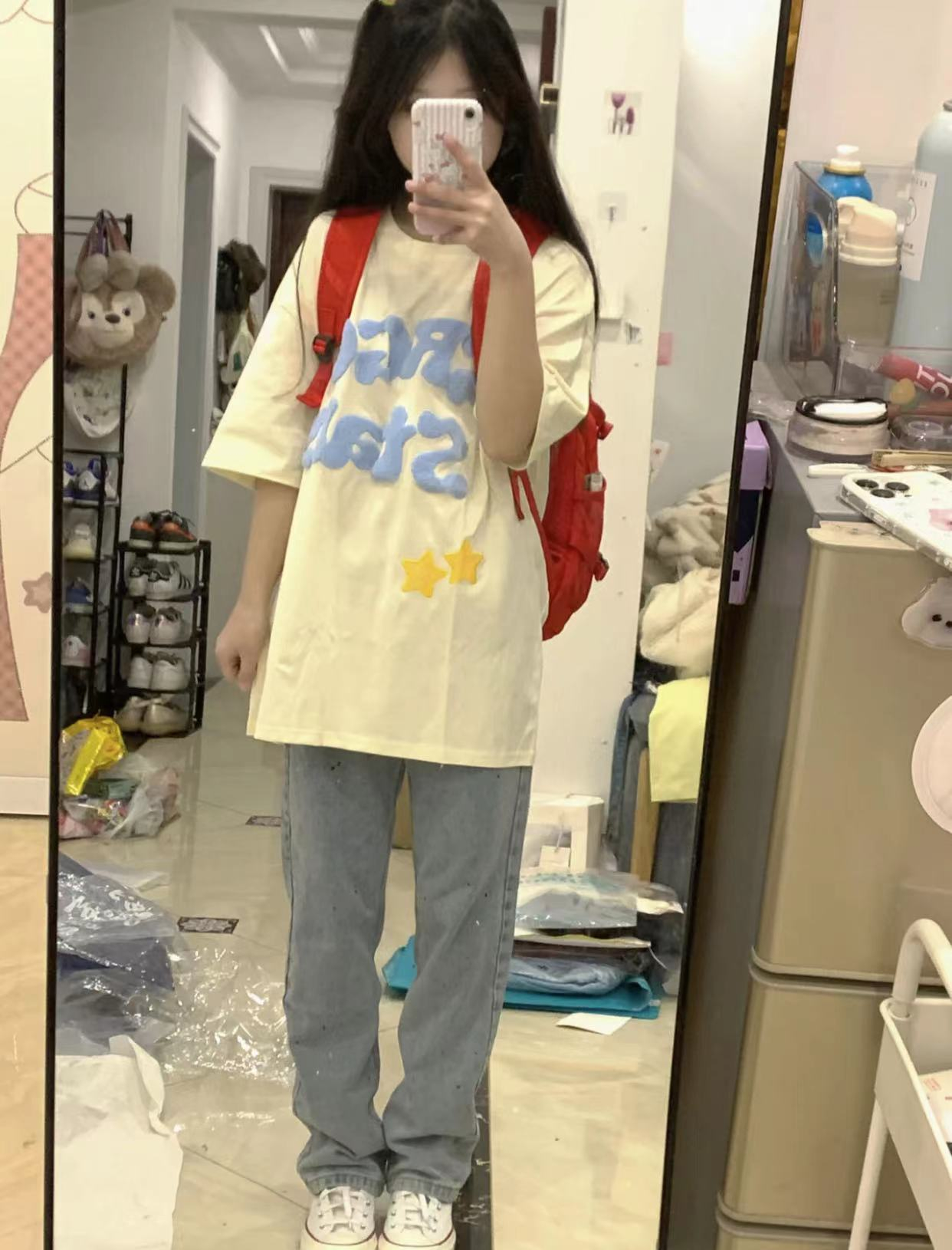 毛巾繡純棉210克精梳緊密後包領240斤大碼設計感T恤女
