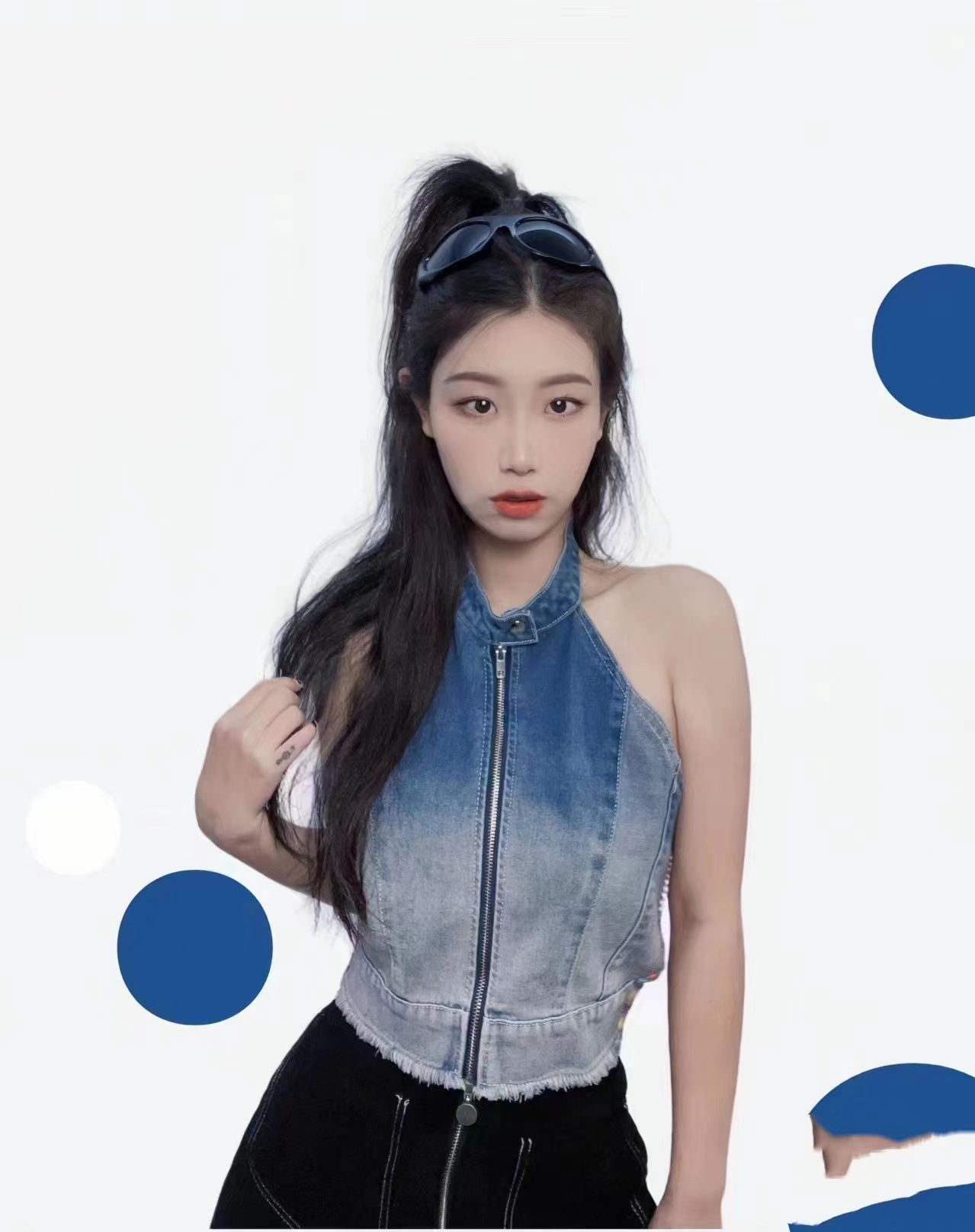 美式辣妹牛仔露背掛脖短款背心女夏純欲性感拉鏈上衣