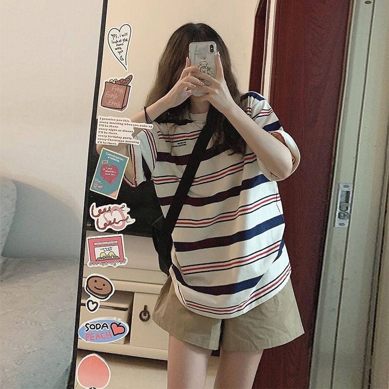 純棉200克質量240斤大碼印花短袖條紋t恤女