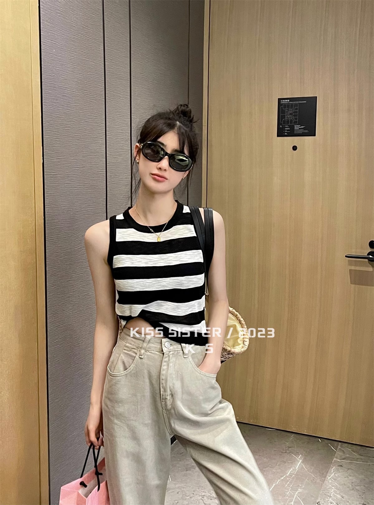 韓系簡約條紋冰絲針織吊帶背心女夏季新款外穿內搭短款上衣
