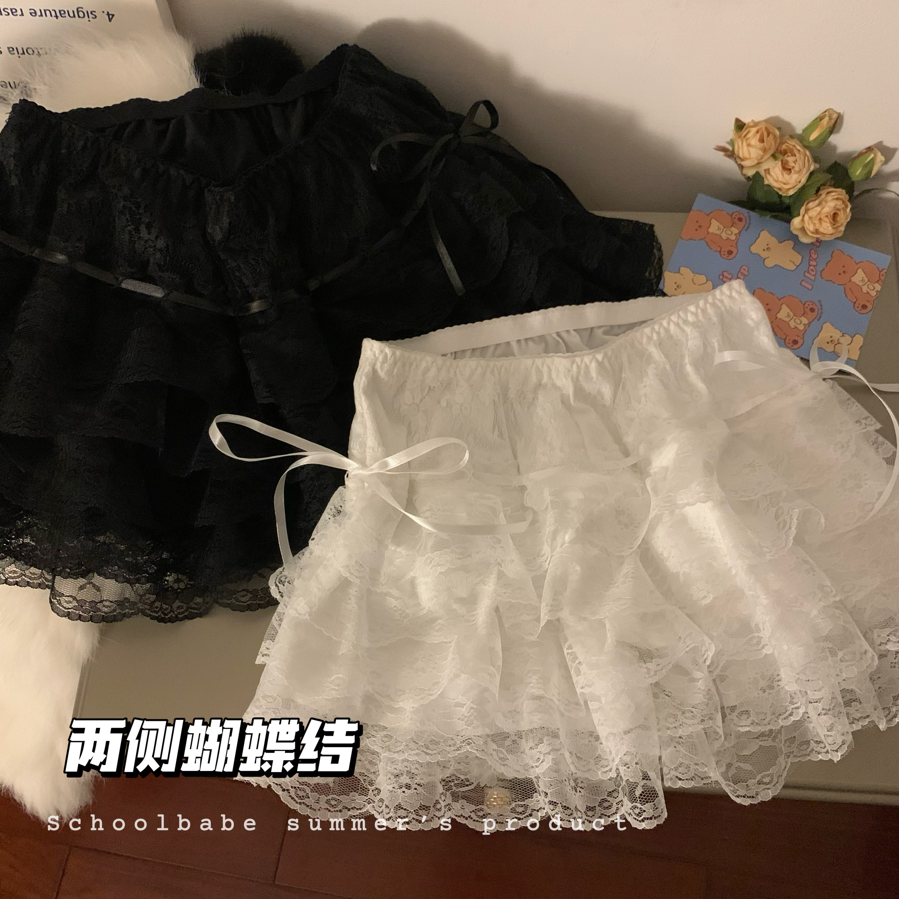 實拍純欲白色蕾絲蛋糕裙安全褲防走光保險褲可外穿jk打底短褲