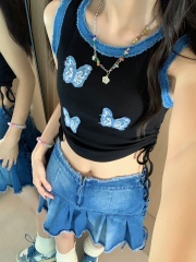 American Retro Strap Patchwork Butterfly Patchwork Sleeveless Backless Top for Women Summer Hot Girl Fitted Short-Sleeve Drawstring Top
