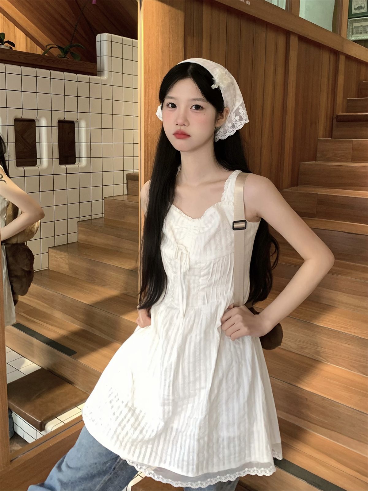 實拍# 法式初戀小個子收腰顯瘦吊帶連衣裙女