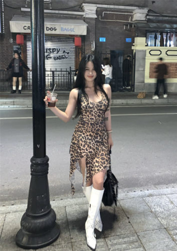 Actual shot ~ Wild Factor Leopard Print Irregular Skirt Dress Halter Neck Backless Design Suspender Skirt