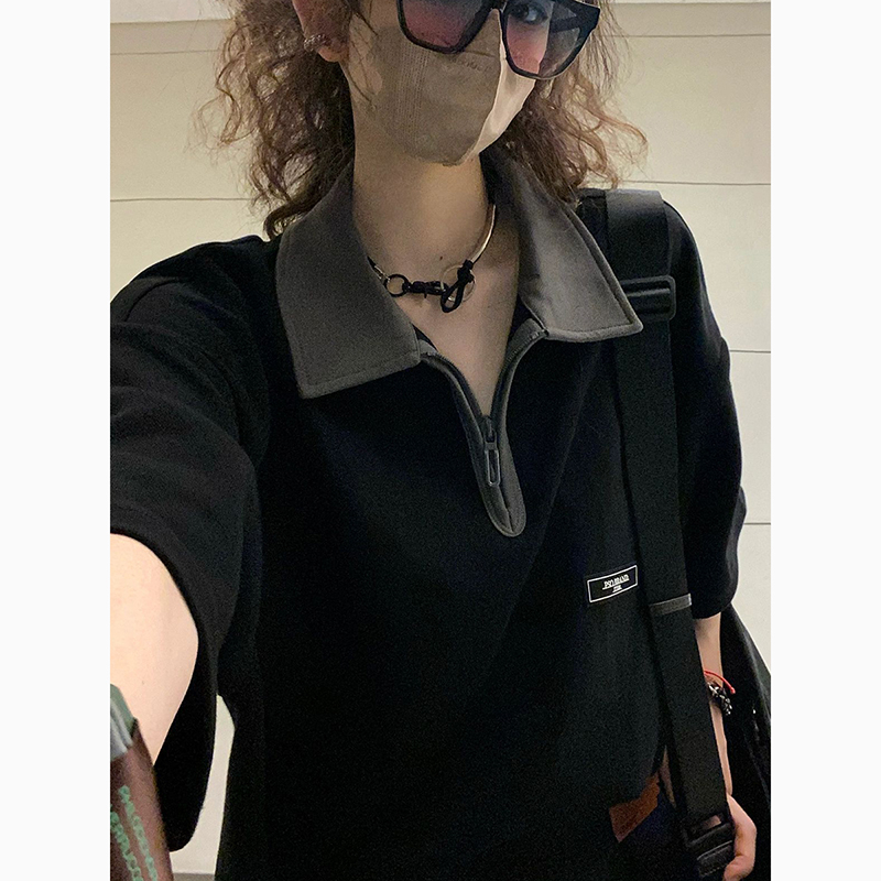 純棉210克精梳緊密後包領240斤大碼POLO半拉鏈短袖女