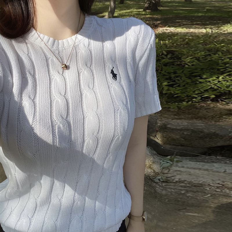 Japanese order!  RL23 early spring new style embroidered pony logo classic retro twist pure cotton short-sleeved sweater for women