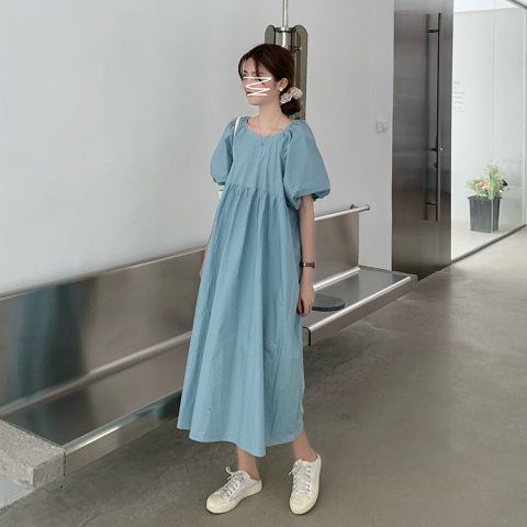 新款日系學院風泡泡袖連衣裙蝴蝶結女學生中長款A字裙