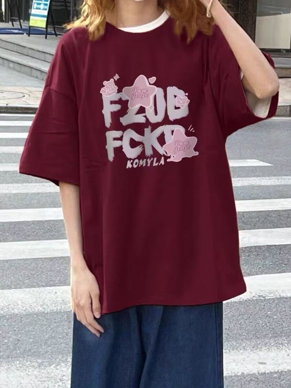 美式復古高街短袖t恤女款夏季酒紅色oversize純棉寬鬆半袖上衣潮
