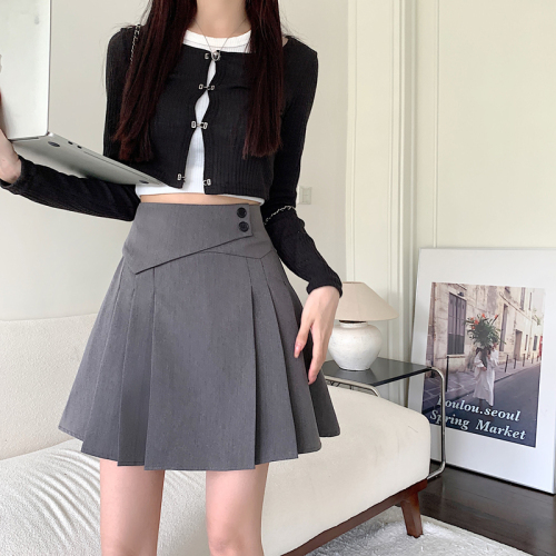 Actual shot of spring and summer Korean style slimming A-line skirt pleated skirt