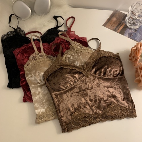 Real shot of sexy velvet lace camisole autumn and winter pure desire with breast pads sleeveless bottoming top with beautiful back