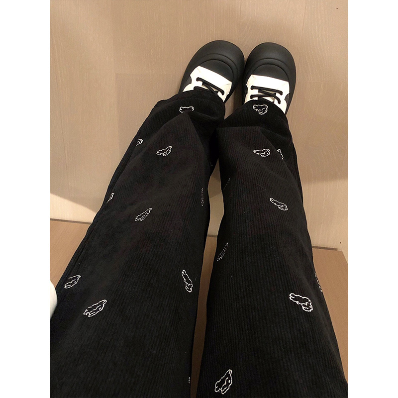 兔子刺繡黑色雪尼爾闊腿褲女秋冬季寬鬆顯瘦加絨窄版直筒褲潮