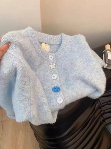 Lazy style soft and waxy milk blue sweater for women spring and autumn 2024 new high-end soft and waxy knitted cardigan