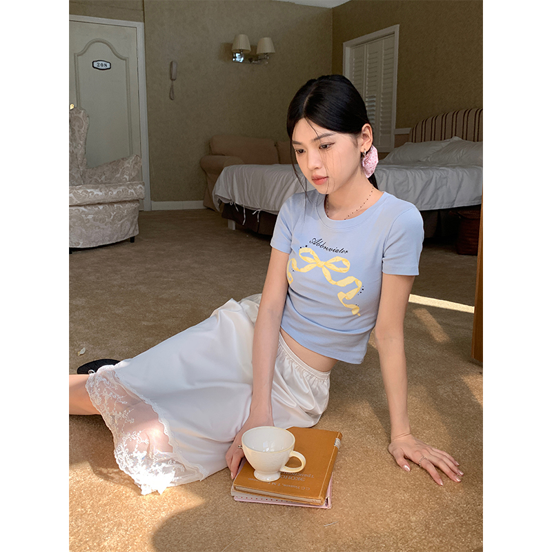 Real shot short-sleeved T-shirt summer cute bow print right shoulder slim short round neck top 2024 new style